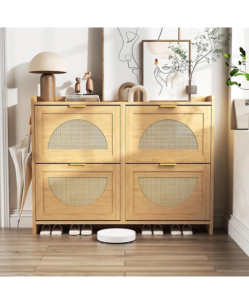 gaomon Rattan Shoe Storage Cabinet with 4 Flip Drawers, Free Standing Narrow Shoe Organizer Cabinet with Rattan Doors, Wooden Shoe Rack