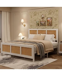 gaomon Rattan Bed Frame Headboard Metal Slats Boho Noise Free No Box Spring Needed