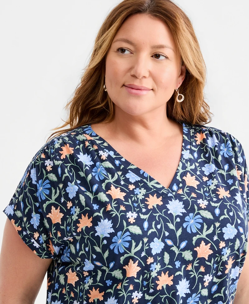 Style & Co Plus Soft Floral Ruched-Tie V-Neck Top, Macy's Exclusive