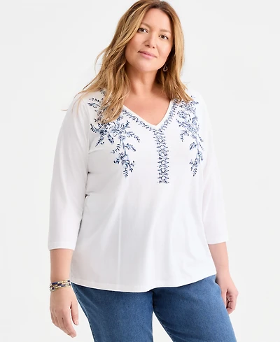 Style & Co Plus Embroidered Split-Neck 3/4-Sleeve Top, Macy's Exclusive