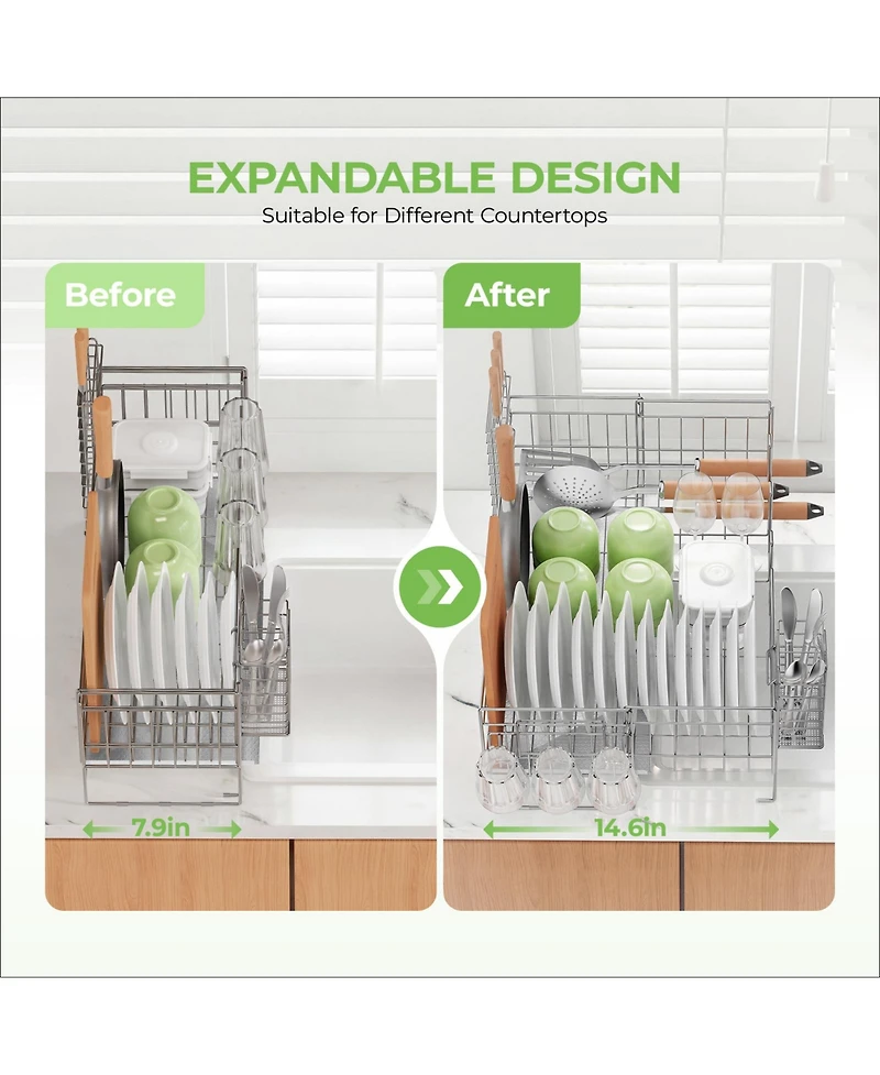 Sugift 2-Tier Detachable Stainless Steel Dish Drying Rack with Cutlery Box and Cup Holder