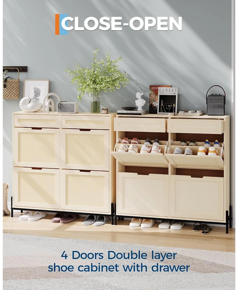 gaomon Freestanding Wooden Rattan Shoe Cabinet with 4 Flip Drawers and 2 Top Drawers