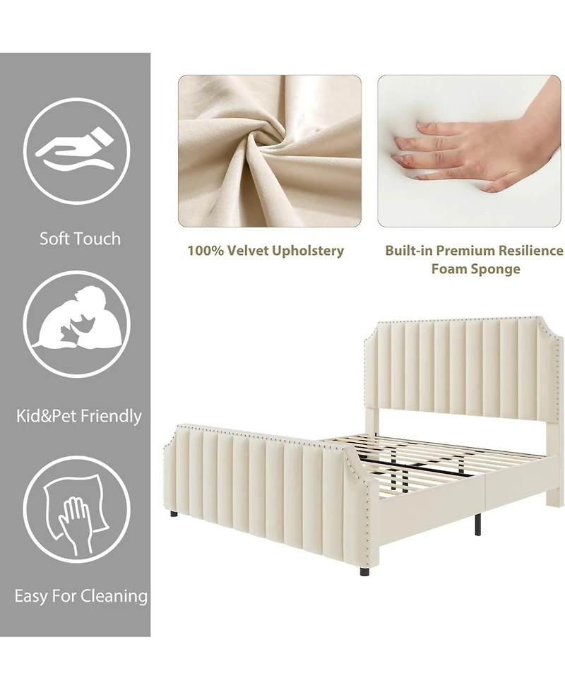 gaomon California King Velvet Upholstered Platform Bed Frame with Headboard & Footboard, Nail head Trim, Wooden Slats Support, No Box Spring