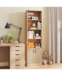 Slickblue 71 Inch 6-Tier Tall Bookshelf with Double Doors 4 Open Cubes-Oak