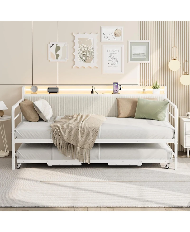 gaomon Twin Daybed with Trundle & Led Light, Metal Frame, Corduroy Headboard, Charging Station for Bedroom