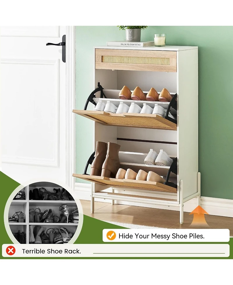 gaomon Slim Freestanding Wooden Shoe Cabinet with 2 Flip Drawers and Linen Front Panels