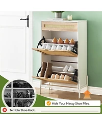 gaomon Slim Freestanding Wooden Shoe Cabinet with 2 Flip Drawers and Linen Front Panels