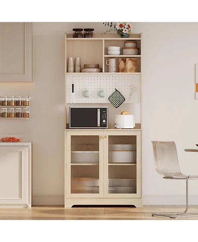 gaomon 71 inch Pantry Cabinet 6 Tier Freestanding Tall Cupboard Storage Unit with Pegboard 2 Cabinets Open Shelves Glass Doors