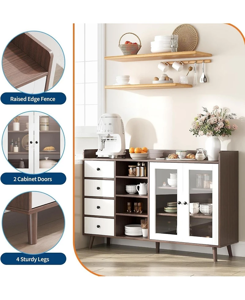 gaomon Farmhouse Sideboard Buffet Cabinet with Adjustable Shelves Glass Doors and Open Storage for Kitchen Dining and Entryway Walnut