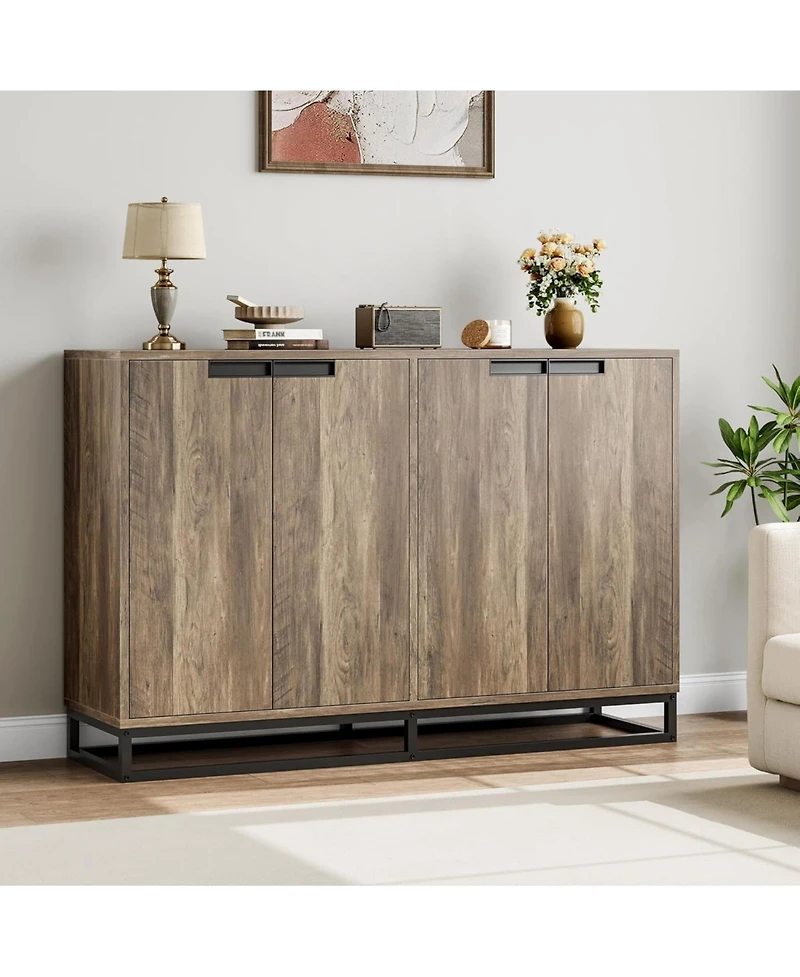 gaomon 55 Inch Buffet Storage Cabinet with Four Doors Adjustable Shelves and Metal Handles Modern Farmhouse Style