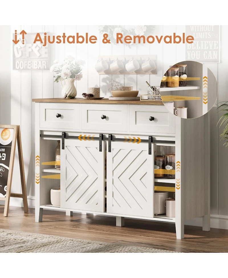 gaomon 47 Inch Farmhouse Buffet Cabinet with Sliding Barn Doors Removable Wine Rack and Adjustable Shelves for Kitchen and Dining Room
