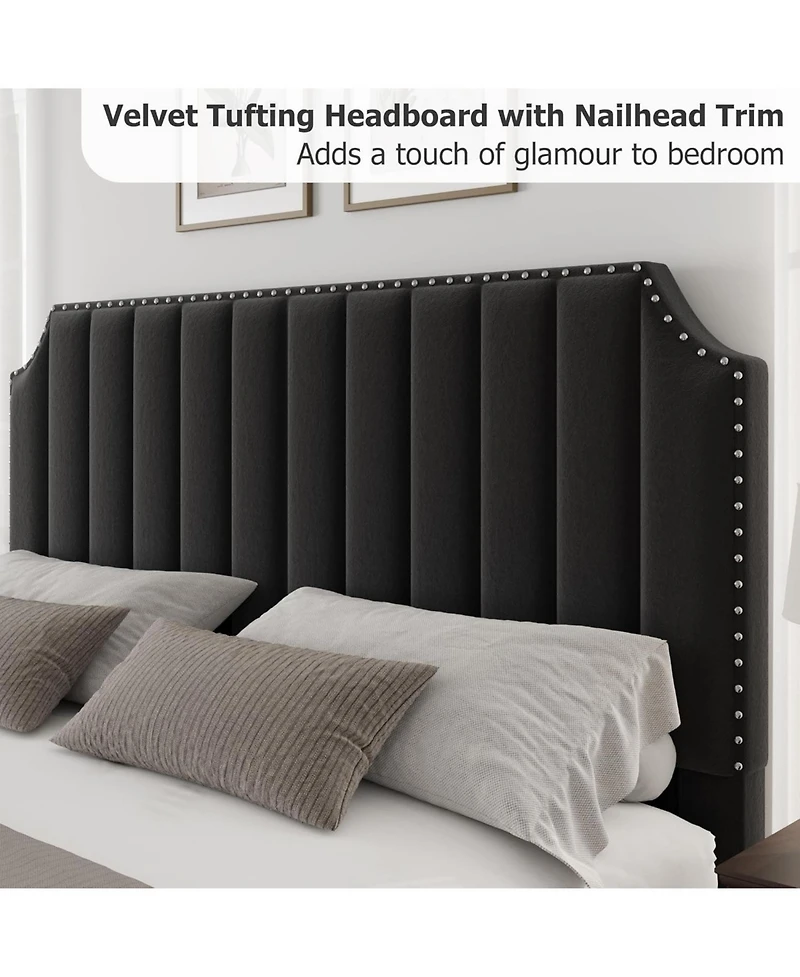 California King Velvet Upholstered Platform Bed Frame with Headboard & Footboard, Nailhead Trim, Sturdy Wooden Slats, Silent Design