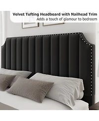 California King Velvet Upholstered Platform Bed Frame with Headboard & Footboard, Nailhead Trim, Sturdy Wooden Slats, Silent Design