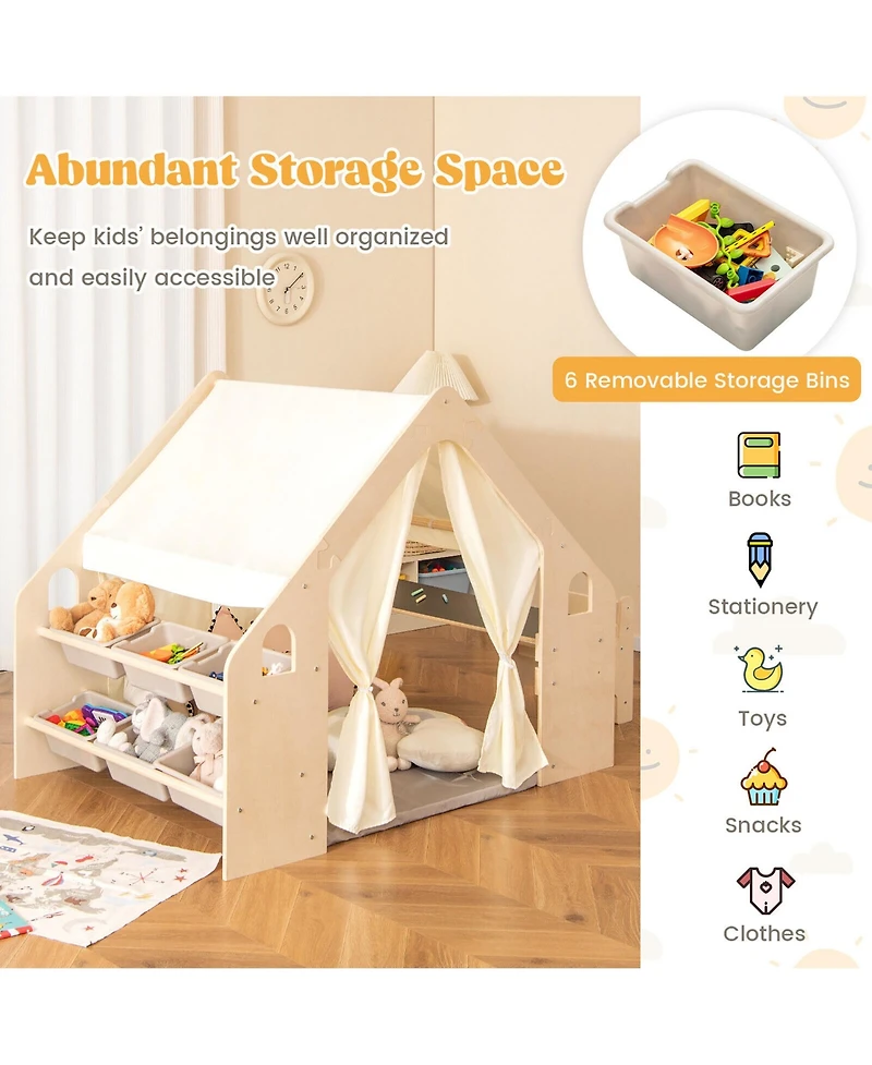 Gymax 6-in-1 Kids Playhouse Wooden Play Tent w/ Blackboard Desk Chair 6 Storage Bins