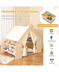 Gymax 6-in-1 Kids Playhouse Wooden Play Tent w/ Blackboard Desk Chair 6 Storage Bins