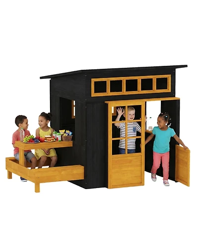 Qaba Kids Outdoor Playhouse, Wooden Kids Playhouse w/ Picnic Table
