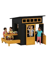 Qaba Kids Outdoor Playhouse, Wooden Kids Playhouse w/ Picnic Table