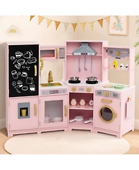 Sugift Corner Wooden Play Kitchen with Lights and Sounds Large Pretend Play Kitchen Set