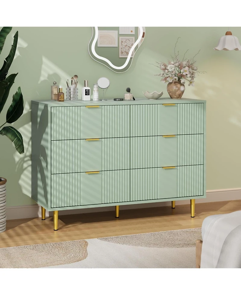 gaomon Fluted 6-Drawer Dresser, 39.4" Wide Modern Wooden Chest with Metal Handles, Wide Storage Organizer for Bedroom, Living Room, Hallway