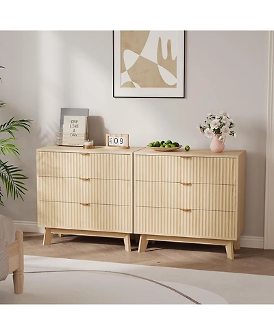 gaomon 3 Drawer Dresser Set of 2, Waveform Fluted Side Table, Wood Drawer Organizer for Bedroom Living Room