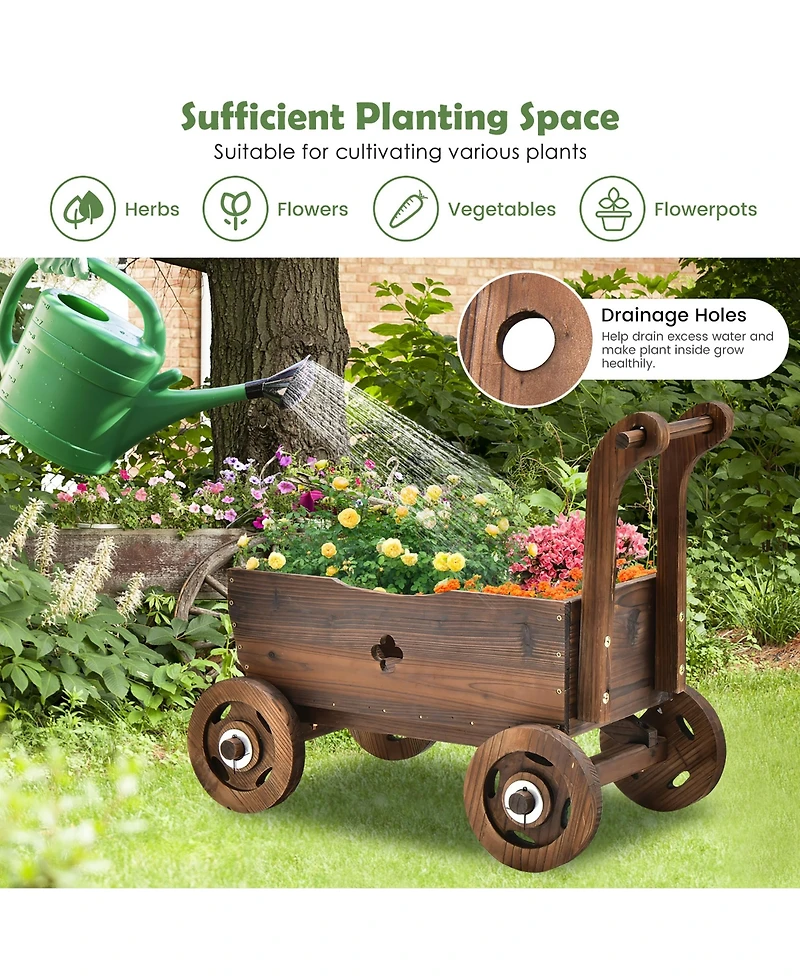 Decorative Wagon Cart Plant Flower Pot Stand Wooden Raised Garden Planter Box