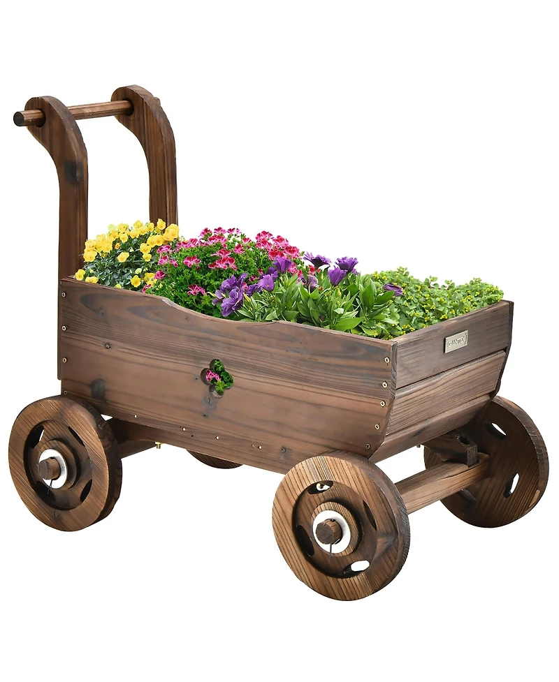 Decorative Wagon Cart Plant Flower Pot Stand Wooden Raised Garden Planter Box