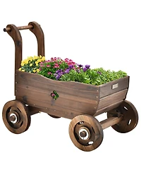 Decorative Wagon Cart Plant Flower Pot Stand Wooden Raised Garden Planter Box