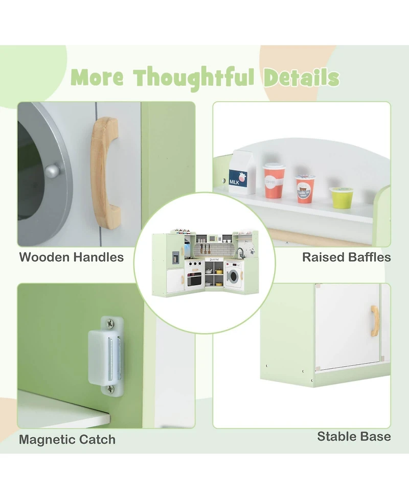 Corner Play Kitchen Toddler Playset with Range Hood, Ice Maker, Microwave
