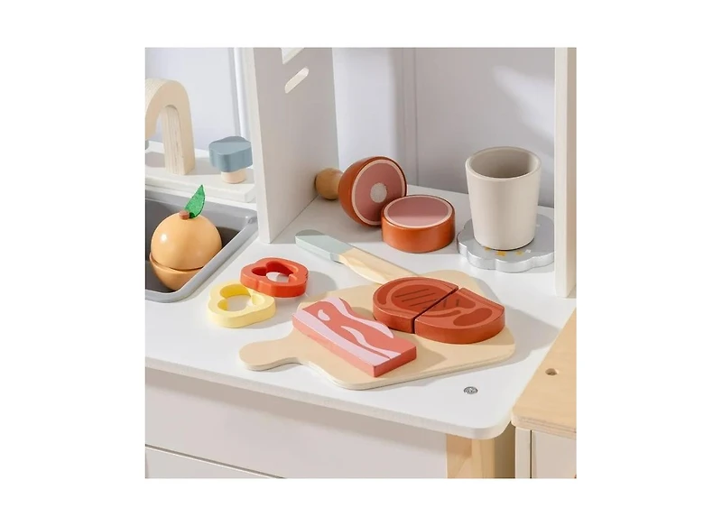 Robotime Wooden Play Food 4-in-1 Cutting Set Pretend Play Toy Food for Play Kitchen with Shopping Bag Kids Kitchen Accessories for Boys Girls