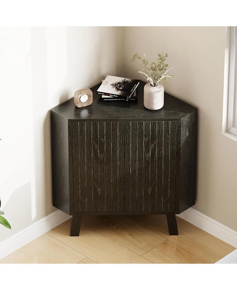 Gaomon industrial 3 tier wooden corner cabinet with adjustable shelves and doors—freestanding triangle design for space saving living room stor