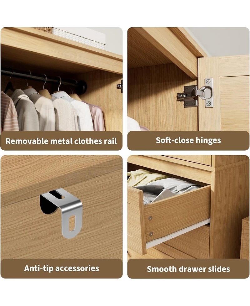 gaomon Armoire Wardrobe Closet Drawers Doors, Modern Wooden Wardrobe Cabinets for Hanging Clothes, Tall Standing Bedroom Armoires, Heavy Duty
