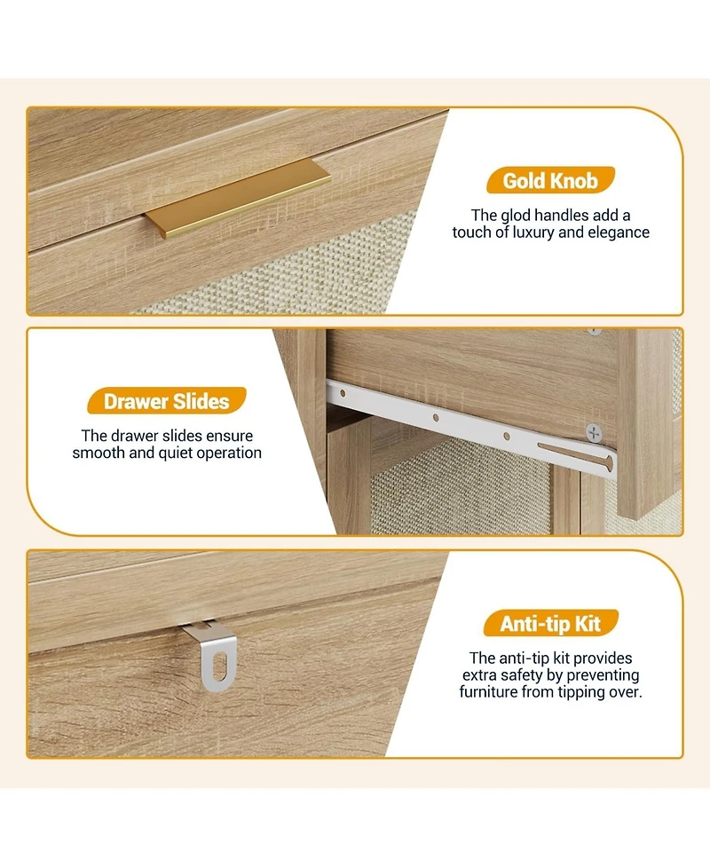 gaomon 32” boho rattan shoe cabinet with doors and drawer, adjustable shelf, and wood finish—ideal as a coffee bar or accent console.