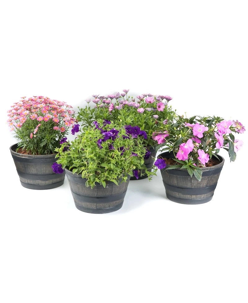 Gardenised Rustic Wood- Look Plastic Half Barrel Flower Pot Bucket Planter, Pack of 4