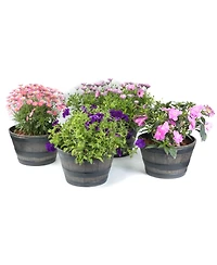 Gardenised Rustic Wood- Look Plastic Half Barrel Flower Pot Bucket Planter, Pack of 4