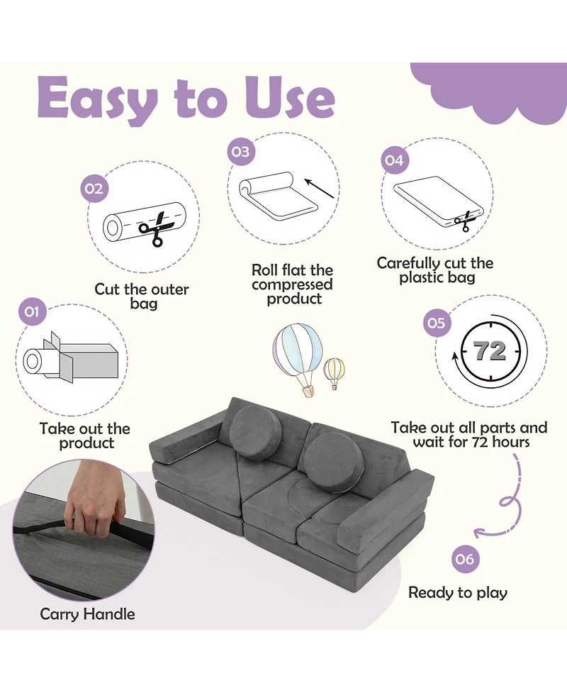 14 Piece Modular Kids Play Couch for Playroom and Bedroom