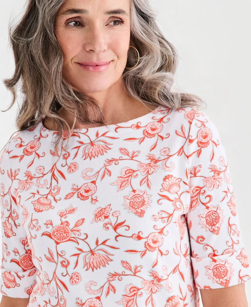 Style & Co Women's Printed Boat-Neck Elbow-Sleeve Top, Macy's Exclusive