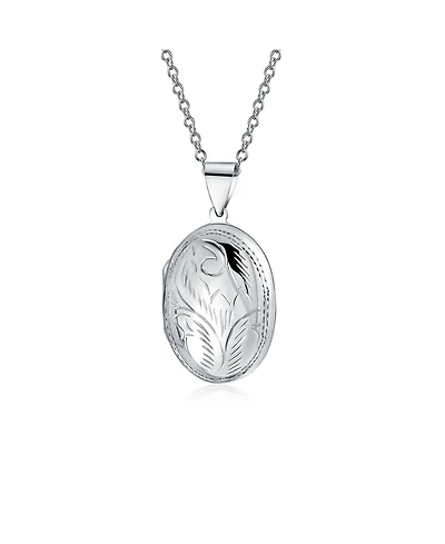 Bling Jewelry Vintage Style Floral Design Small Oval Shape Photo Locket Necklace Pendant Sterling Silver