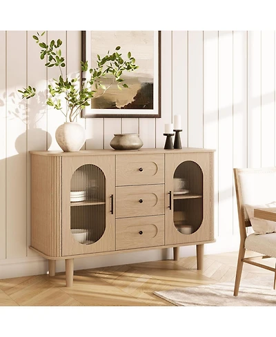 gaomon Sideboard with Fluted Glass Doors and 3 Drawers with Adjustable Shelves for Kitchen