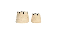 Household Essentials Round Handwoven Corn Leaf Basket Set of 2 with Plastic Liner, Natural with Black Accents
