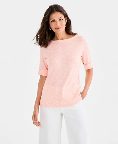 Style & Co Women's Printed Boat-Neck Elbow-Sleeve Top, Macy's Exclusive