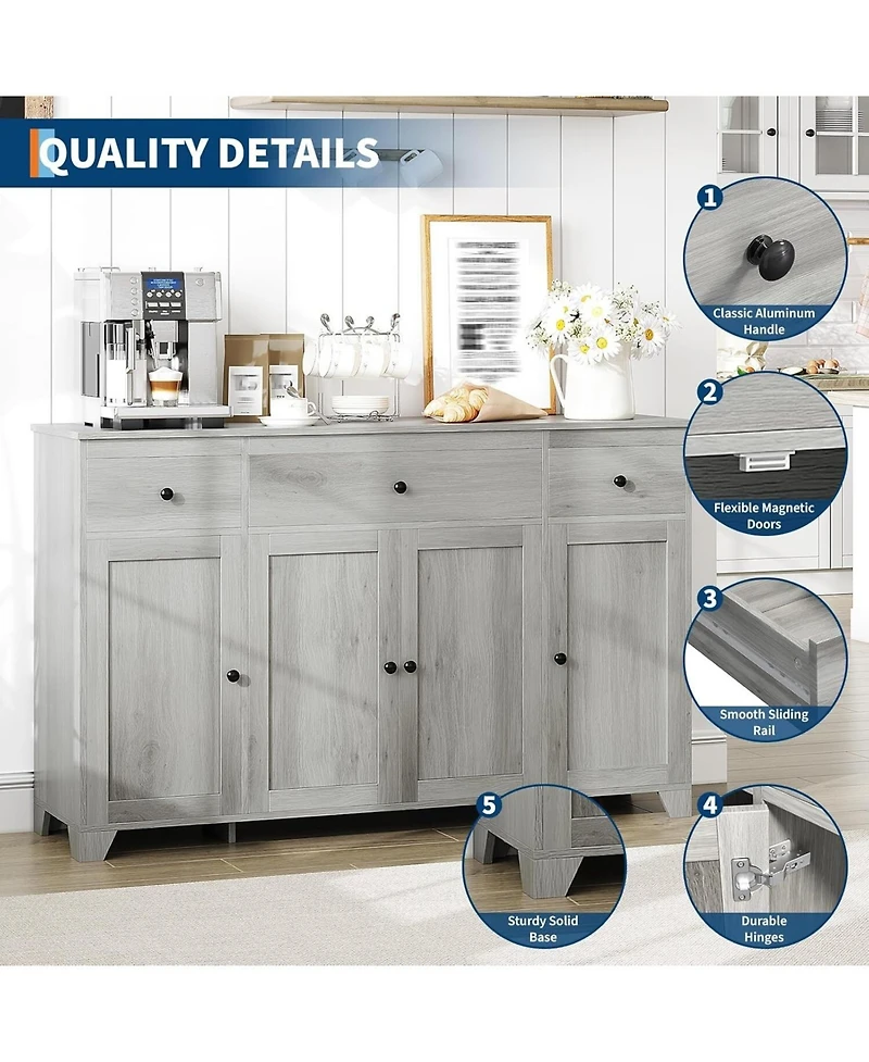 gaomon 55inch Buffet Cabinet with Drawers-Large Sideboard Buffet Storage Cabinet with Shelves and Doors-Minimalist