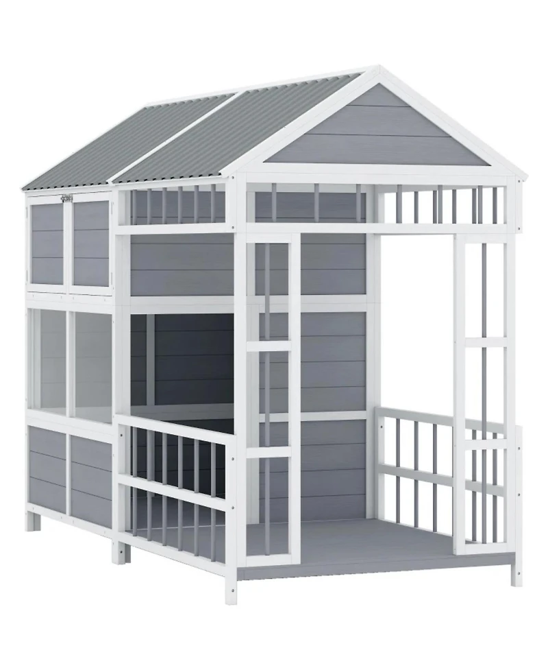 6thdruple Large Outdoor Gray Wooden Dog House with Covered Porch, Waterproof Roof, Elevated Pet Kennel Shelter for Large Dogs
