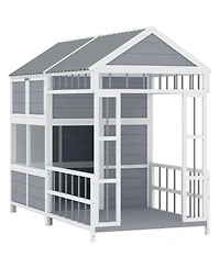 6thdruple Large Outdoor Gray Wooden Dog House with Covered Porch, Waterproof Roof, Elevated Pet Kennel Shelter for Large Dogs