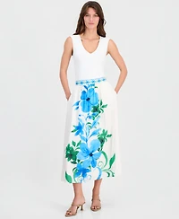 T Tahari Women's Placed-Floral Pull-On Midi Skirt