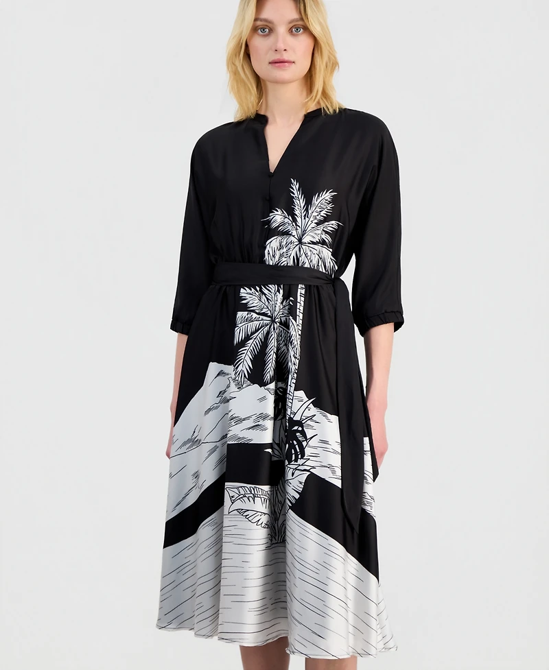 T Tahari Women's Elbow-Sleeve Split-Neck Midi Dress