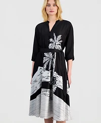 T Tahari Women's Elbow-Sleeve Split-Neck Midi Dress