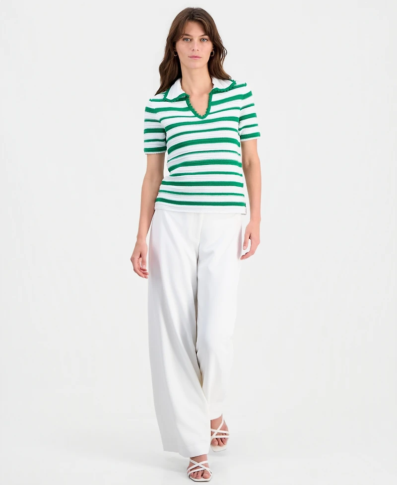 T Tahari Women's Striped Split-Neck Collared Top