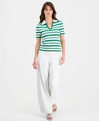 T Tahari Women's Striped Split-Neck Collared Top