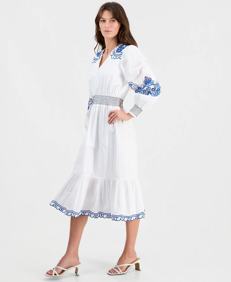 T Tahari Women's Cotton Embroidered-Trim Tiered Dress