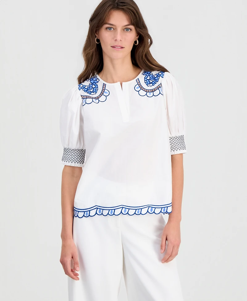 T Tahari Women's Cotton Embroidered-Trim Split-Neck Top